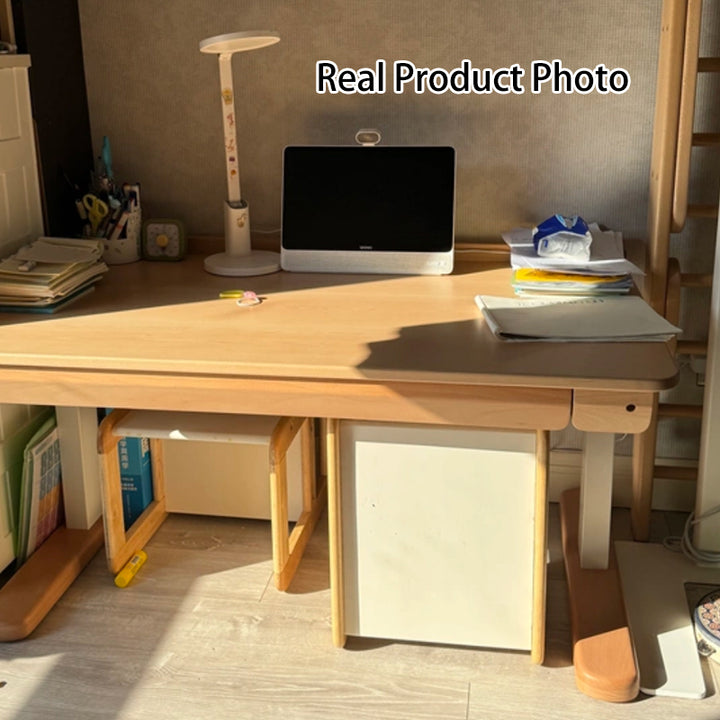 Growth-Oriented Kids Height-Adjustable Desk - Straight-Joint Beech &amp; Carbon Steel Construction Study Desk For Study