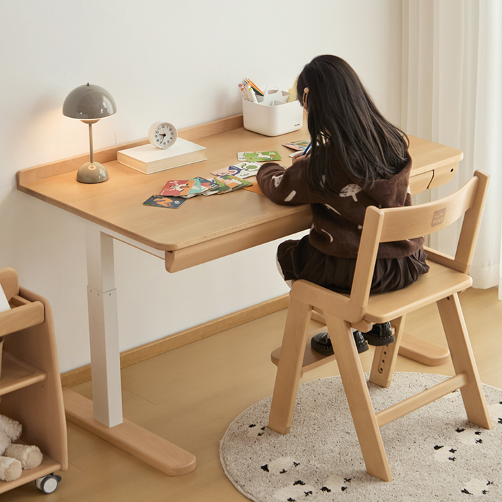 Growth-Oriented Kids Height-Adjustable Desk - Straight-Joint Beech &amp; Carbon Steel Construction Study Desk For Study
