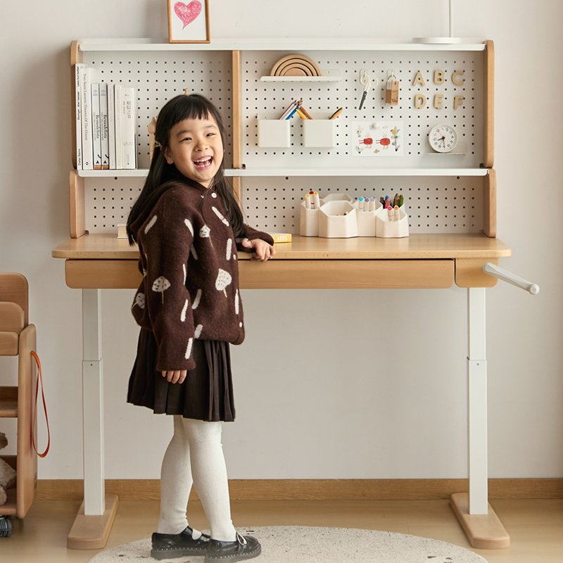 Growth-Oriented Kids Height-Adjustable Desk - Straight-Joint Beech &amp; Carbon Steel Construction Study Desk For Study