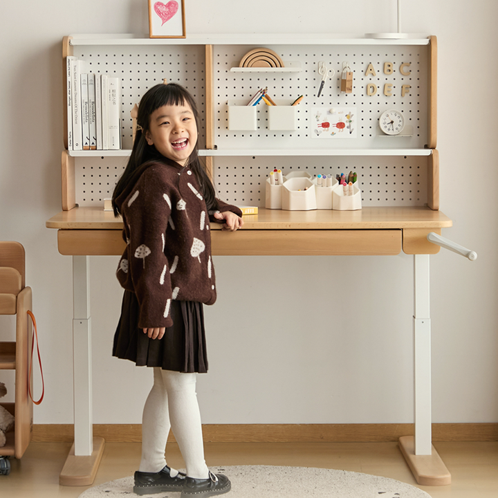 Growth-Oriented Kids Height-Adjustable Desk - Straight-Joint Beech &amp; Carbon Steel Construction Study Desk For Study