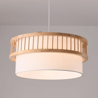 Traditional Japanese Wood Fabric Round Shade 1/4-Light Chandelier For Dining Room