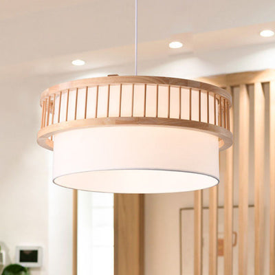 Traditional Japanese Wood Fabric Round Shade 1/4-Light Chandelier For Dining Room