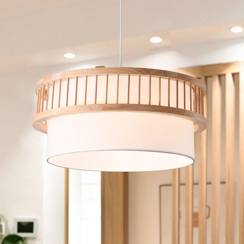 Traditional Japanese Wood Fabric Round Shade 1/4-Light Chandelier For Dining Room