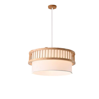 Traditional Japanese Wood Fabric Round Shade 1/4-Light Chandelier For Dining Room
