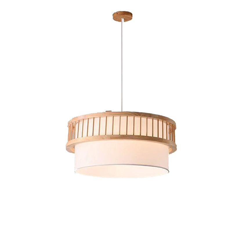 Traditional Japanese Wood Fabric Round Shade 1/4-Light Chandelier For Dining Room