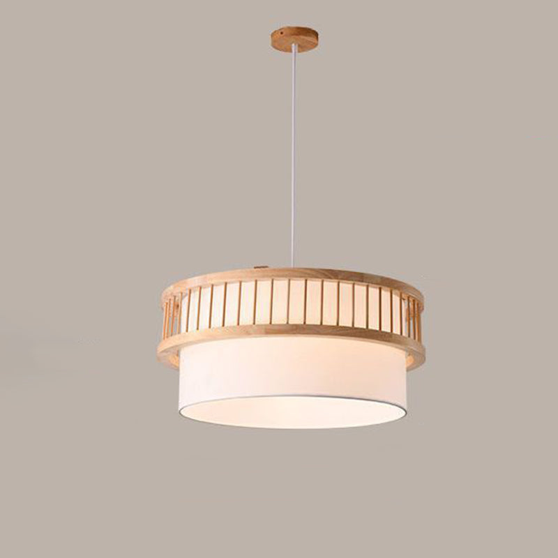 Traditional Japanese Wood Fabric Round Shade 1/4-Light Chandelier For Dining Room
