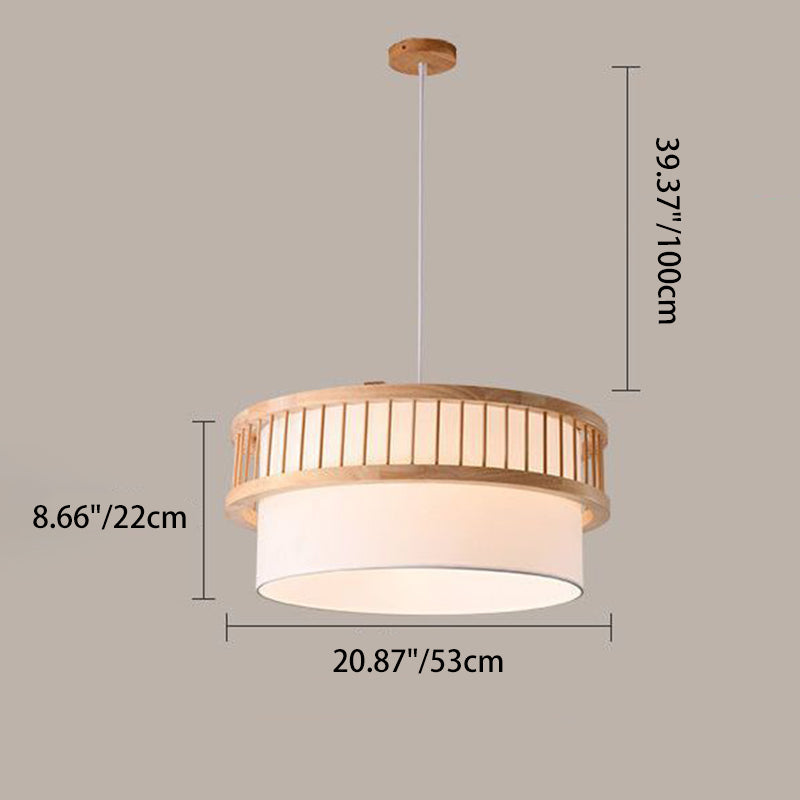Traditional Japanese Wood Fabric Round Shade 1/4-Light Chandelier For Dining Room