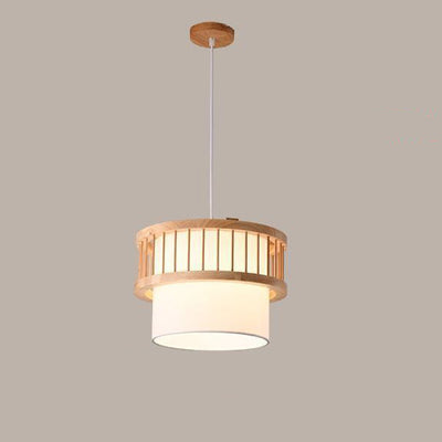 Traditional Japanese Wood Fabric Round Shade 1/4-Light Chandelier For Dining Room