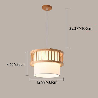 Traditional Japanese Wood Fabric Round Shade 1/4-Light Chandelier For Dining Room