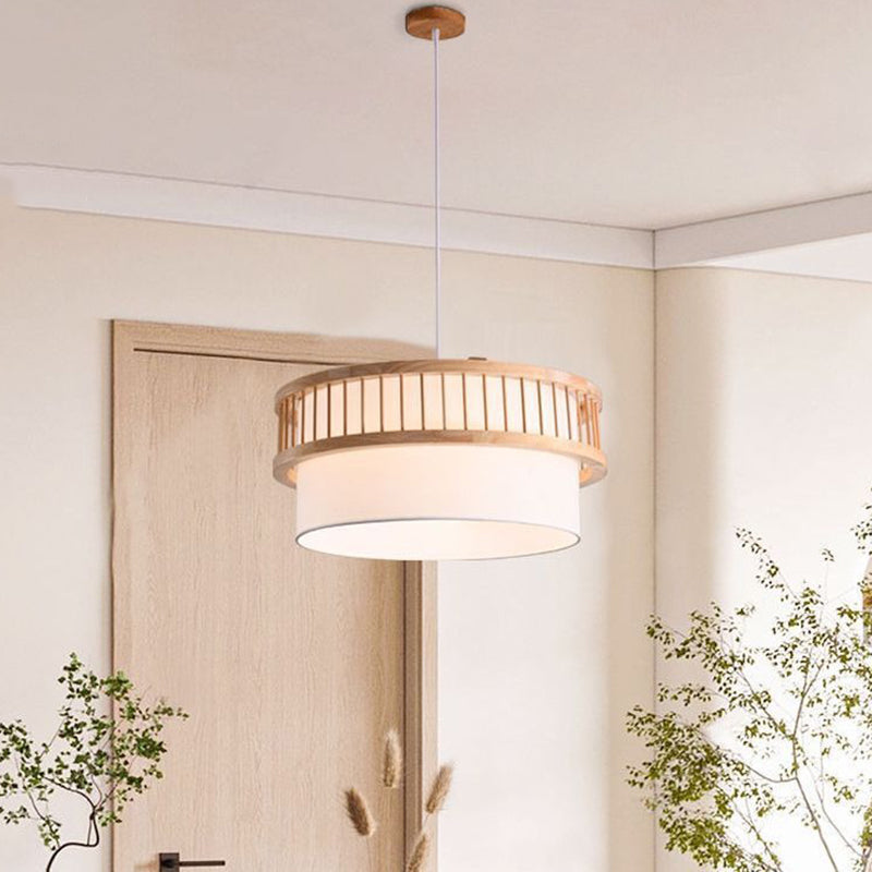Traditional Japanese Wood Fabric Round Shade 1/4-Light Chandelier For Dining Room