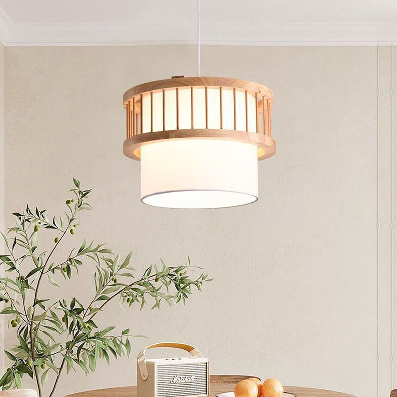 Traditional Japanese Wood Fabric Round Shade 1/4-Light Chandelier For Dining Room