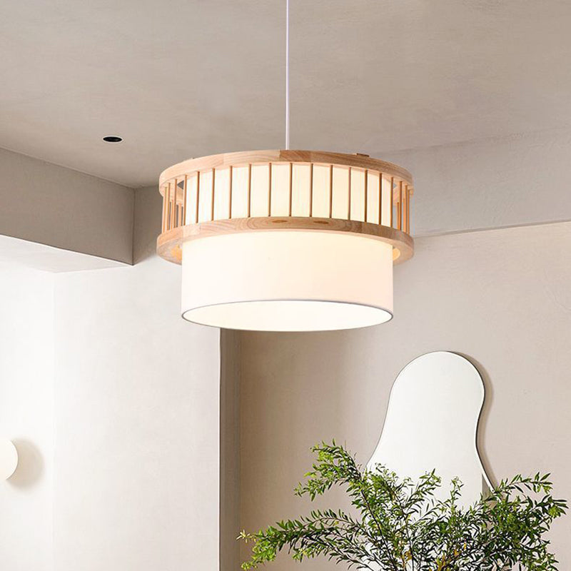 Traditional Japanese Wood Fabric Round Shade 1/4-Light Chandelier For Dining Room