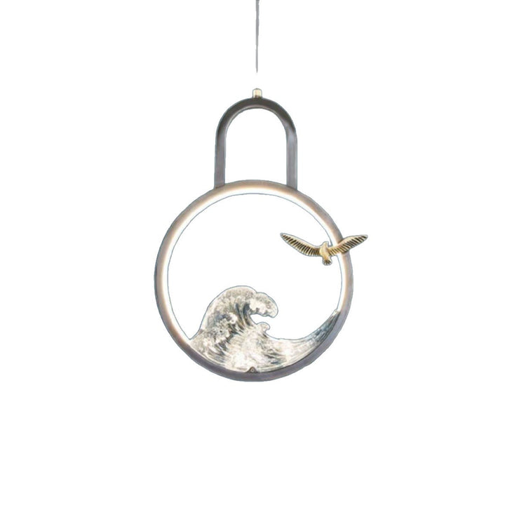 Lustre suspendu LED en résine de cuivre avec motif de vague creuse ronde chinoise traditionnelle pour chambre 