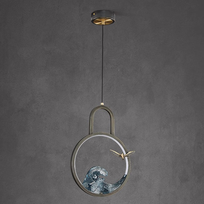 Lustre suspendu LED en résine de cuivre avec motif de vague creuse ronde chinoise traditionnelle pour chambre 