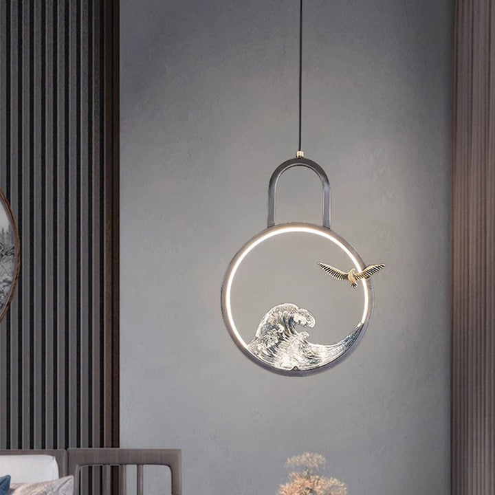 Lustre suspendu LED en résine de cuivre avec motif de vague creuse ronde chinoise traditionnelle pour chambre 