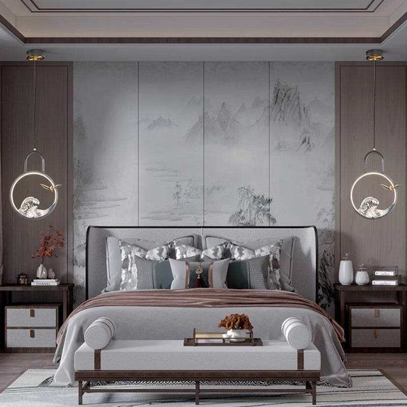 Lustre suspendu LED en résine de cuivre avec motif de vague creuse ronde chinoise traditionnelle pour chambre 