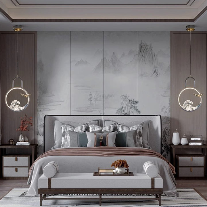 Lustre suspendu LED en résine de cuivre avec motif de vague creuse ronde chinoise traditionnelle pour chambre 
