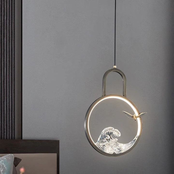 Lustre suspendu LED en résine de cuivre avec motif de vague creuse ronde chinoise traditionnelle pour chambre 