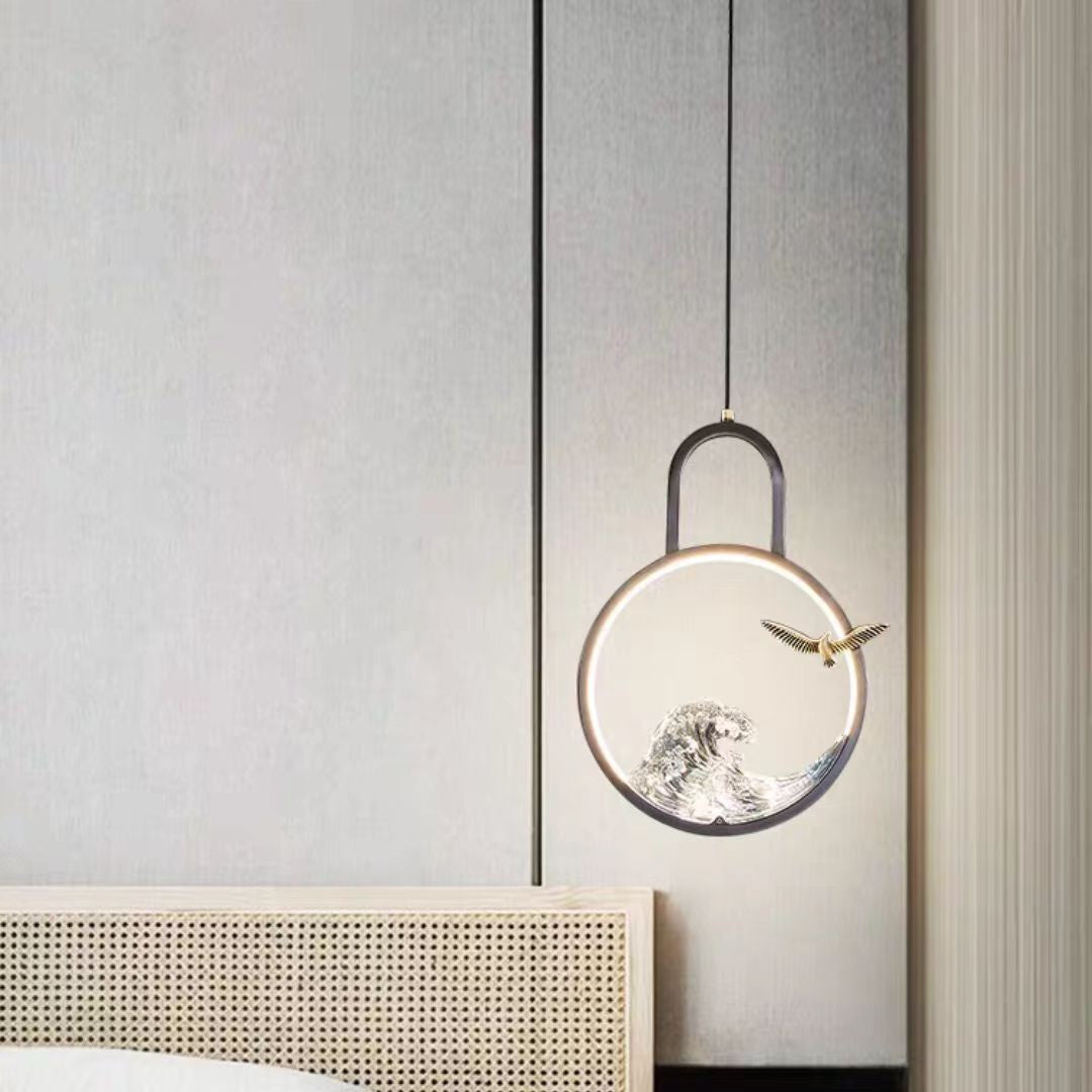 Lustre suspendu LED en résine de cuivre avec motif de vague creuse ronde chinoise traditionnelle pour chambre 