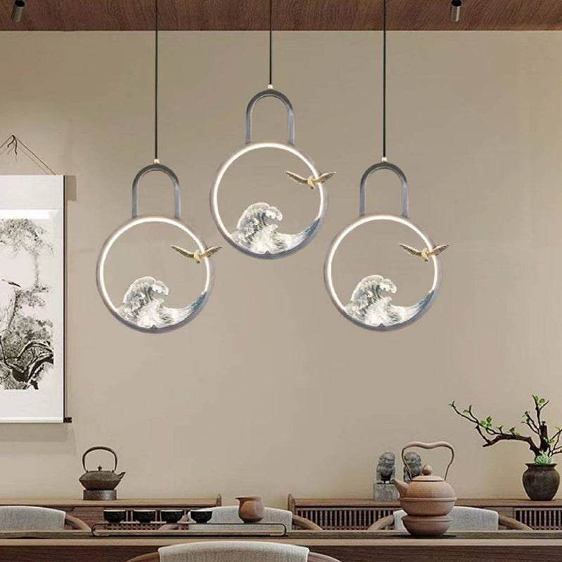 Lustre suspendu LED en résine de cuivre avec motif de vague creuse ronde chinoise traditionnelle pour chambre 