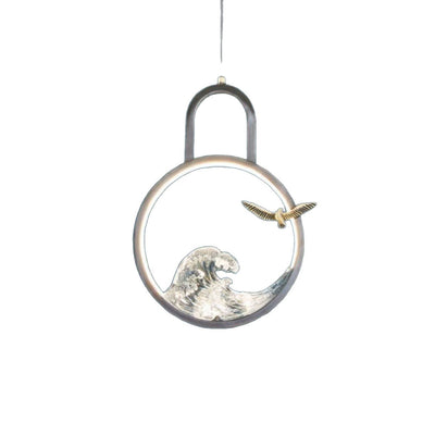 Traditional Chinese Round Hollow Wave Pattern Copper Resin LED Pendant Light For Bedroom