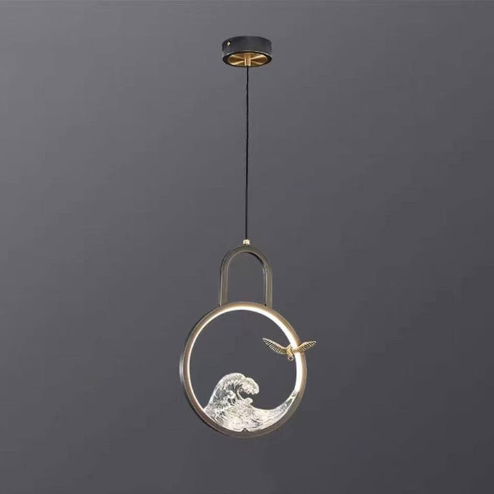 Lustre suspendu LED en résine de cuivre avec motif de vague creuse ronde chinoise traditionnelle pour chambre 