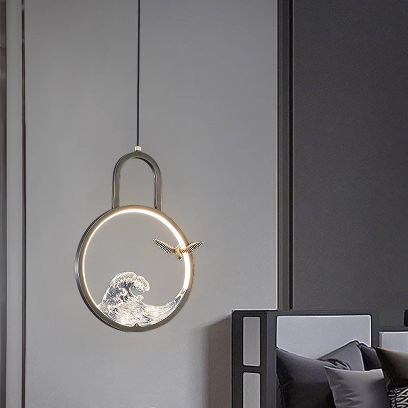 Lustre suspendu LED en résine de cuivre avec motif de vague creuse ronde chinoise traditionnelle pour chambre 