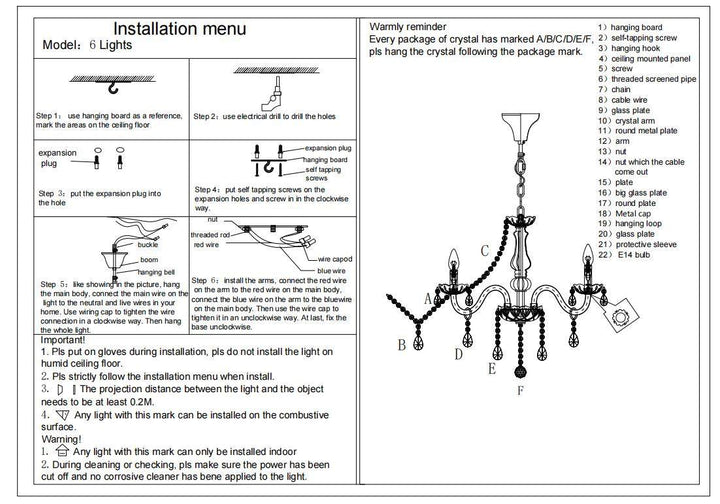 Traditional European Glass Crystal Metal Fabric Candlestick Holder Inflorescence 6-Light Chandeliers For Living Room
