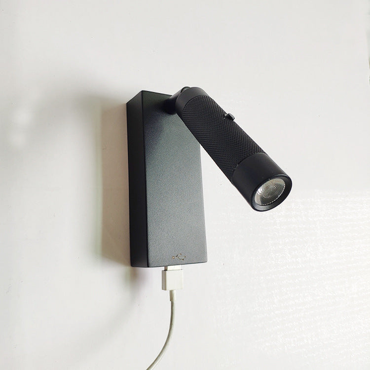 Rectangular Cylinder Aluminum LED Wall Light - Industrial Adjustable Spotlight With USB Charger For Bedroom