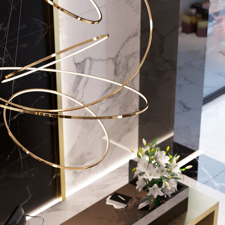 Lustre suspendu à LED en acier inoxydable rond - Art déco, luminaire pendentif réglable pour salle à manger 