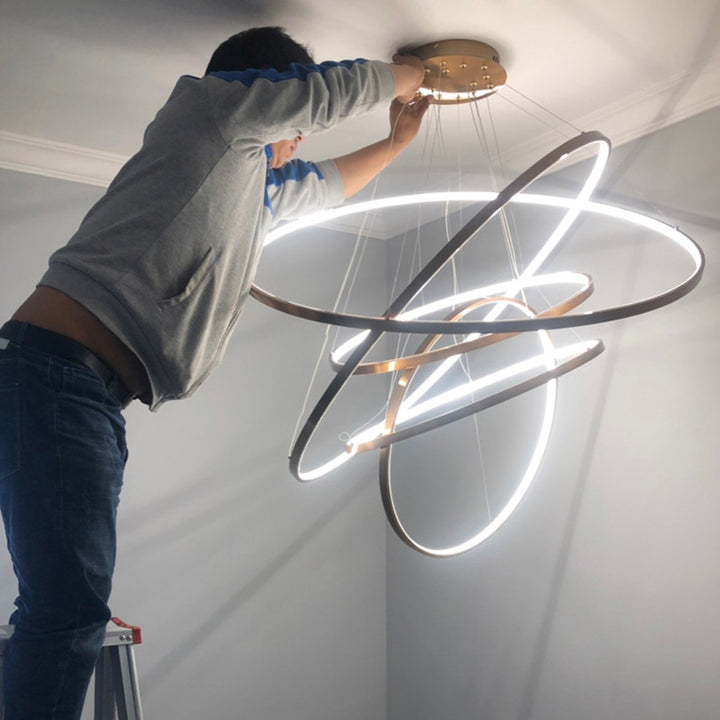 Lustre suspendu à LED en acier inoxydable rond - Art déco, luminaire pendentif réglable pour salle à manger 