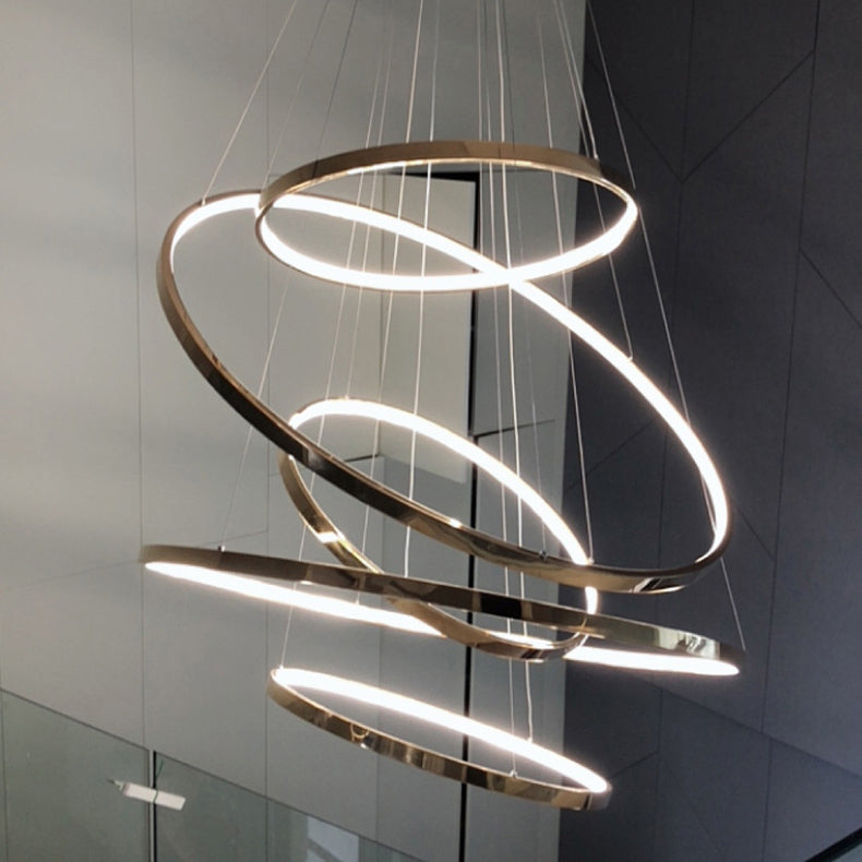 Ring Round Stainless Steel LED Hanging Chandelier - Art Deco Adjustable Pendant Light For Dining Room