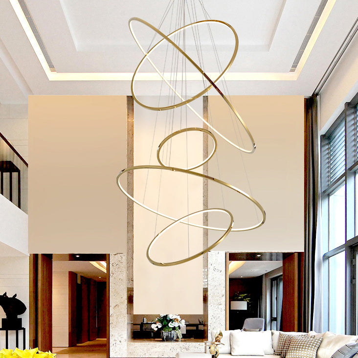 Lustre suspendu à LED en acier inoxydable rond - Art déco, luminaire pendentif réglable pour salle à manger 