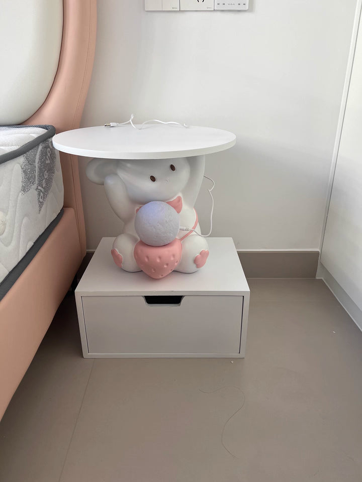 Table de chevet Art Déco Moderne pour enfants avec assiette ronde en forme de lapin, tiroir rectangulaire en résine, bois, émail, 1 tiroir avec lumière LED pour chambre 