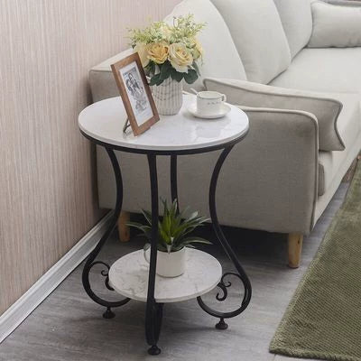 Modern Luxury Round Stone Slab Wrought Iron End Table 2-Tier For Living Room