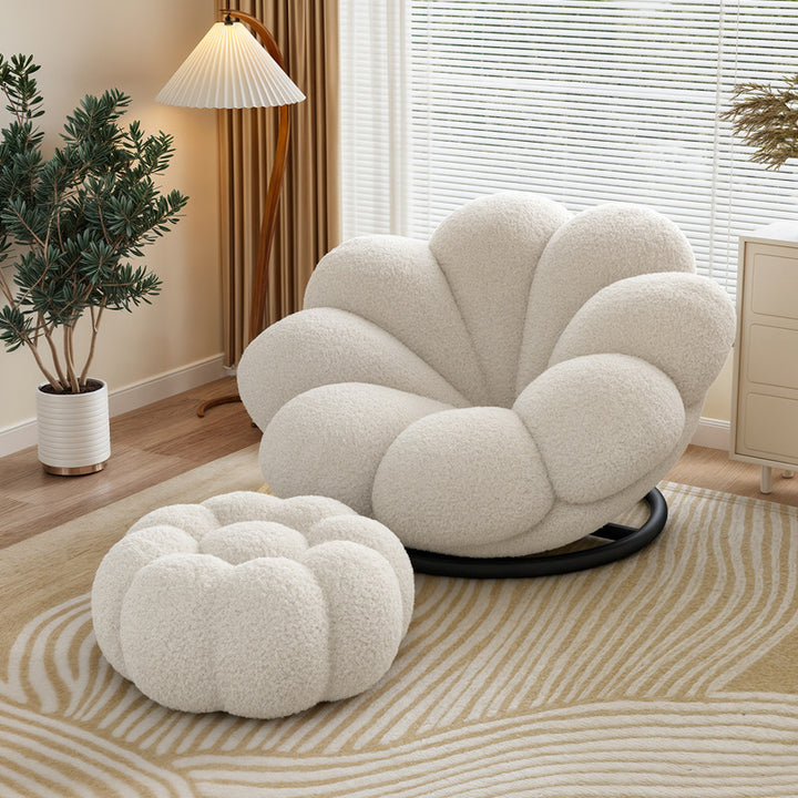 Chaise longue pivotante en laine d'agneau nordique contemporaine en acier au carbone en forme de pétale avec dossier et repose-pieds pour salon et chambre 