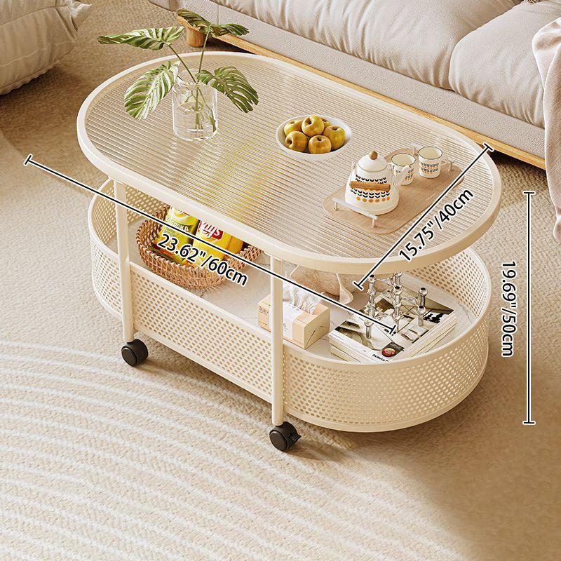 Modern Minimalist Rectangular Iron Plastic Tempered Glass Movable Coffee Table 2-Tier For Living Room