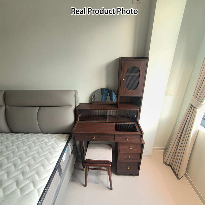 Contemporary Nordic Rectangular Plywood Rubberwood Acrylic Tempered Glass Extendable Makeup Vanity 5-Drawer For Bedroom