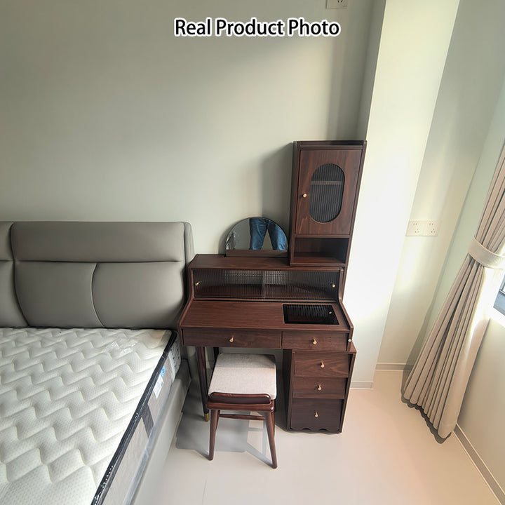 Contemporary Nordic Rectangular Plywood Rubberwood Acrylic Tempered Glass Extendable Makeup Vanity 5-Drawer For Bedroom