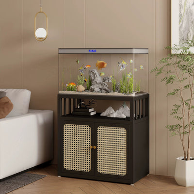 Traditional Chinese Square Carbon Steel Tempered Glass PE Rattan Side Table 1-Cabinet 1-Tier For Living Room