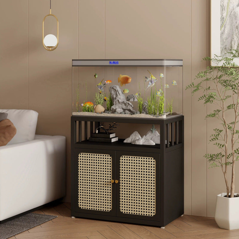 Traditional Chinese Square Carbon Steel Tempered Glass PE Rattan Side Table 1-Cabinet 1-Tier For Living Room