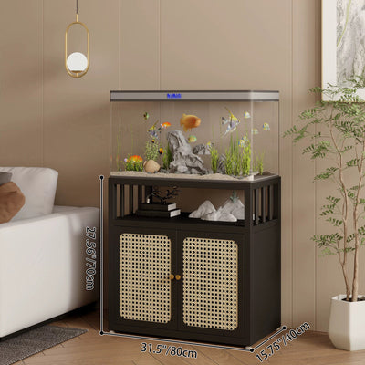 Traditional Chinese Square Carbon Steel Tempered Glass PE Rattan Side Table 1-Cabinet 1-Tier For Living Room