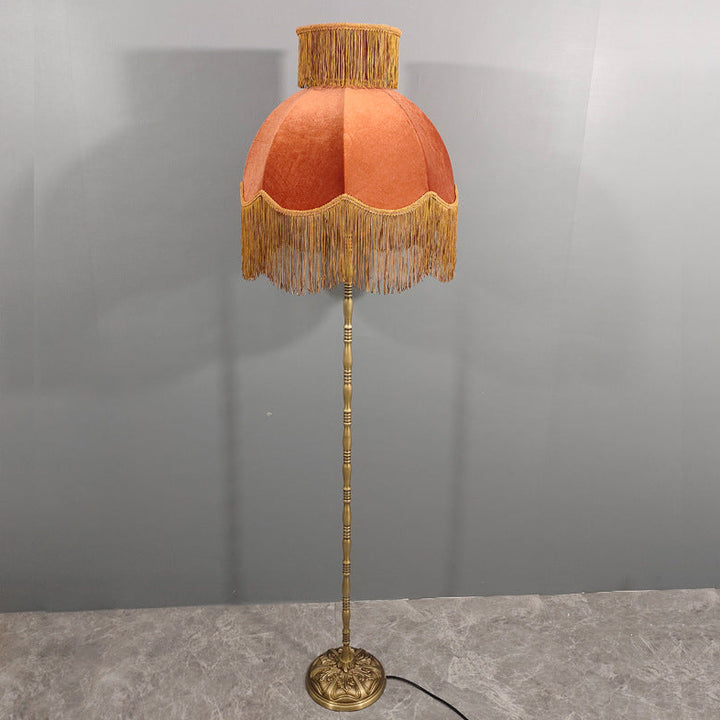 Lámpara de pie de 1 luz de cobre con tela de borla semicircular cilíndrica vintage tradicional para sala de estar 