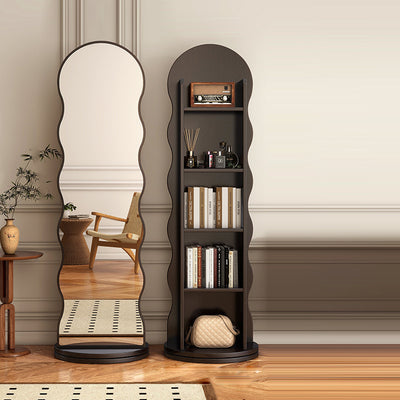 Contemporary Scandinavian Wavy Particle Wood Glass Full-Length Mirror Bookshelf 5-Tier For Bedroom
