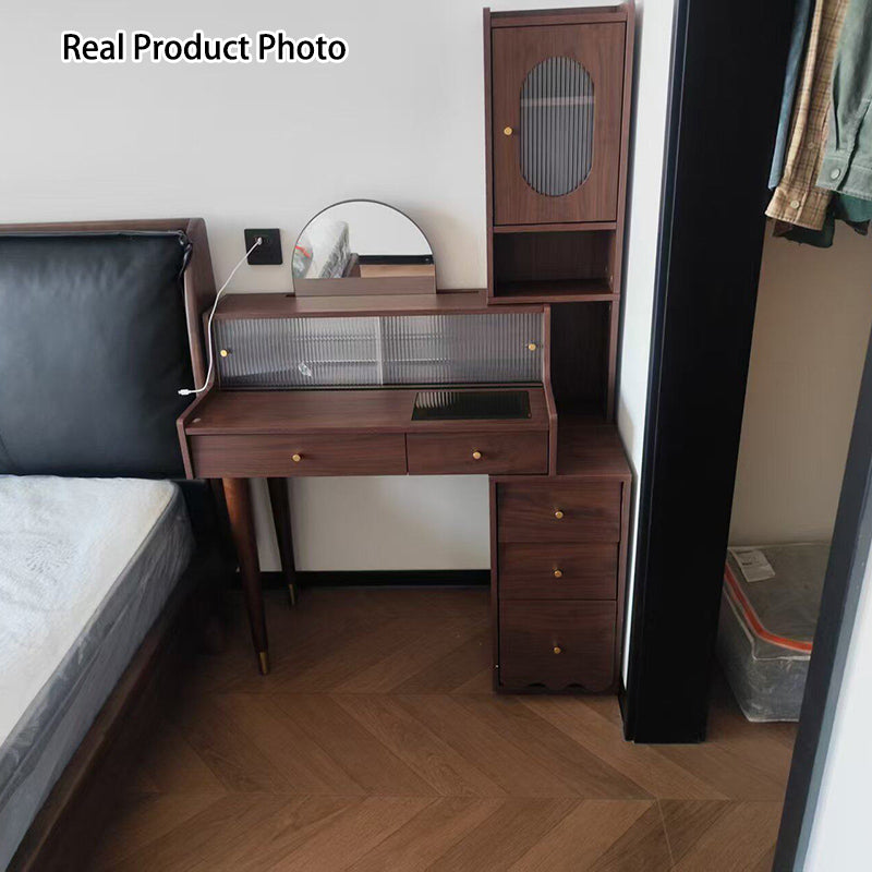 Contemporary Nordic Rectangular Plywood Rubberwood Acrylic Tempered Glass Extendable Makeup Vanity 5-Drawer For Bedroom