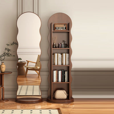 Contemporary Scandinavian Wavy Particle Wood Glass Full-Length Mirror Bookshelf 5-Tier For Bedroom