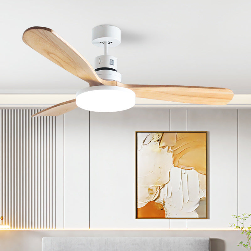 Contemporary Retro Round Glass Shade Solid Wood Fan Blade LED Downrod Ceiling Fan Light For Bedroom