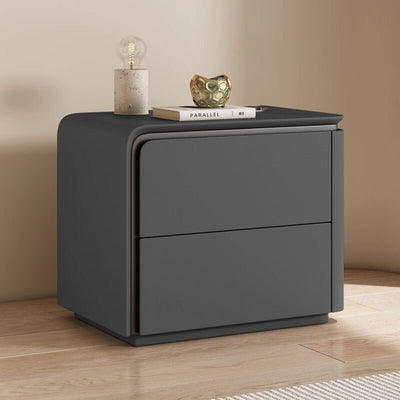 Modern Minimalist Rounded-Edge Microfiber Leather Solid Wood Nightstand 2-Drawer For Bedroom