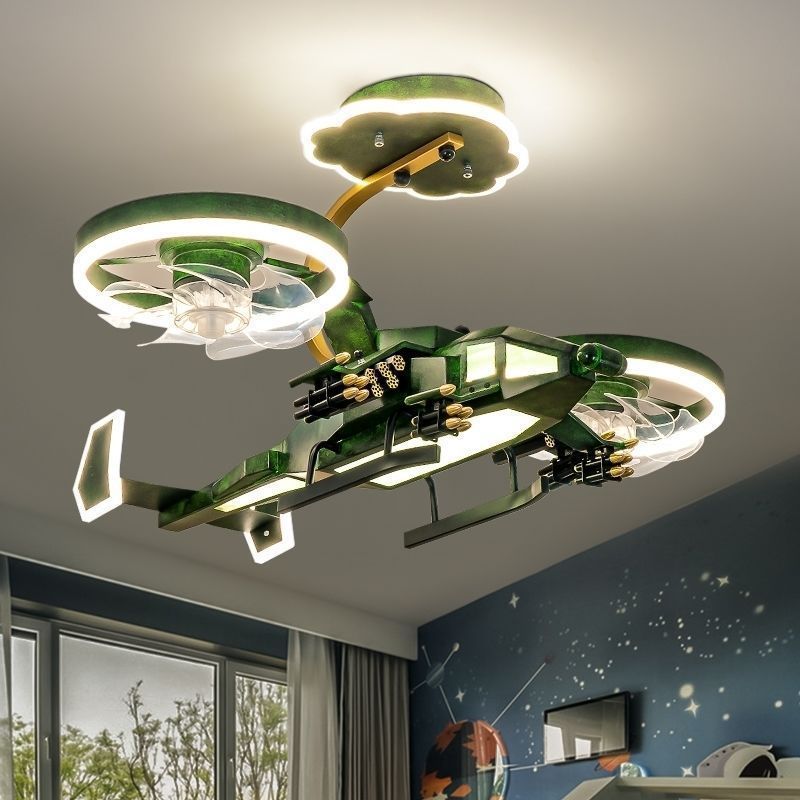Contemporary Creative Kids Airplane Acrylic LED Flush Mount Ceiling Fan Light For Bedroom