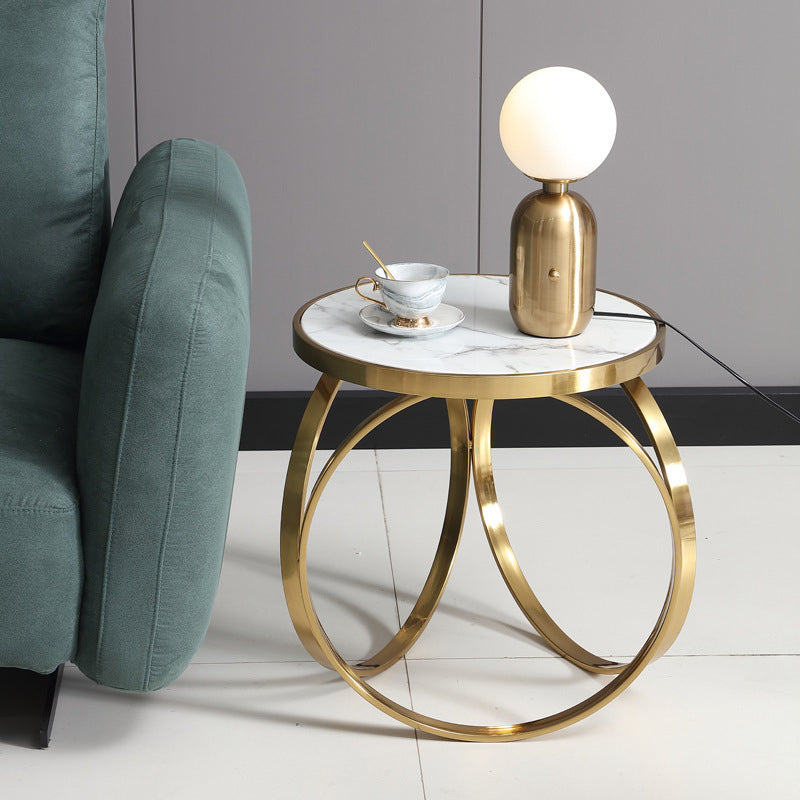 Table basse moderne de luxe en marbre avec base ronde en titane et acier inoxydable pour salon 